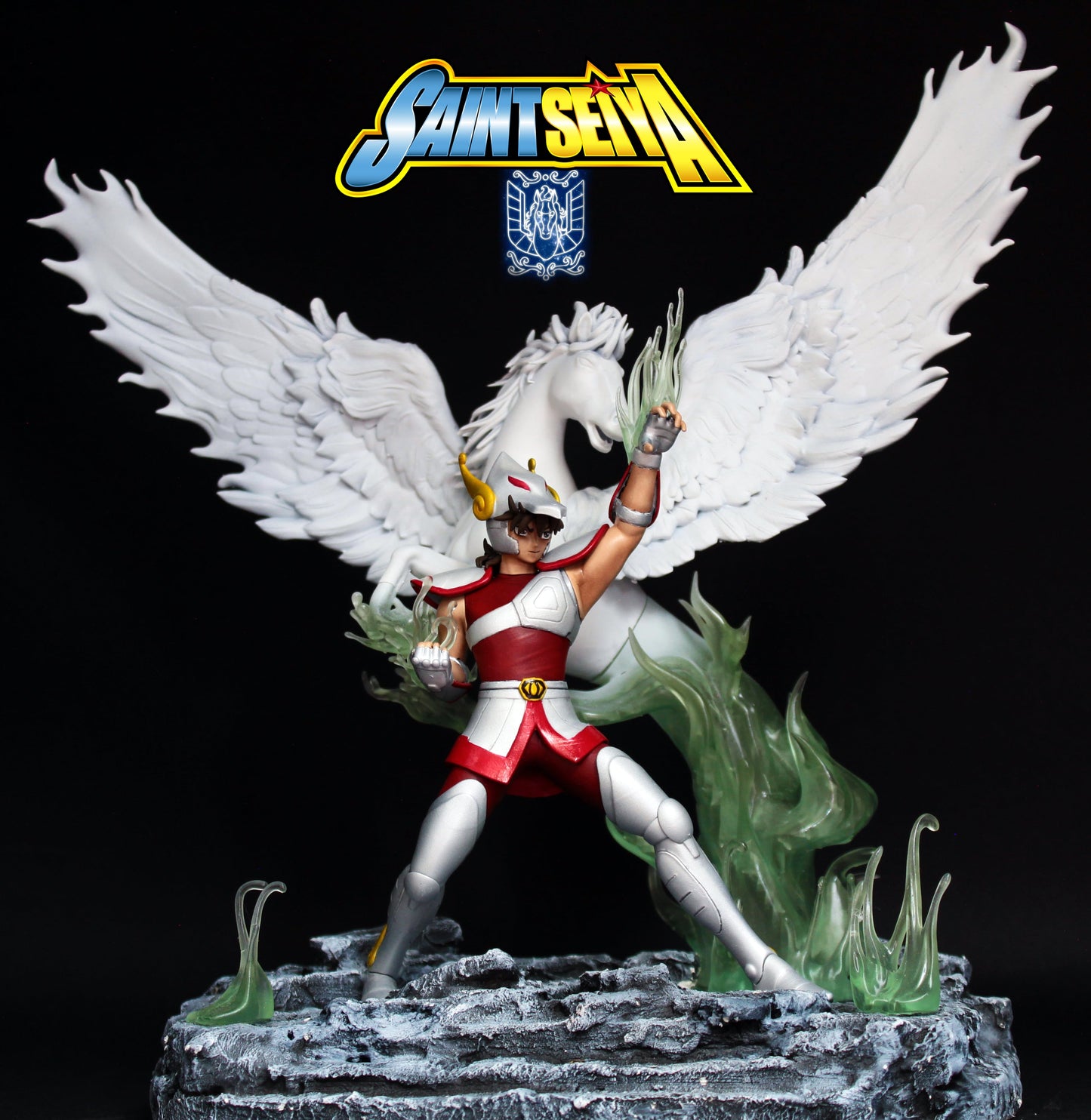 Saint Seiya Diorama Pegasus - Knight of Zodiac Action Figure - Statua di Pegasus con cavallo pezzo esclusivo con Multi LED scena notturna