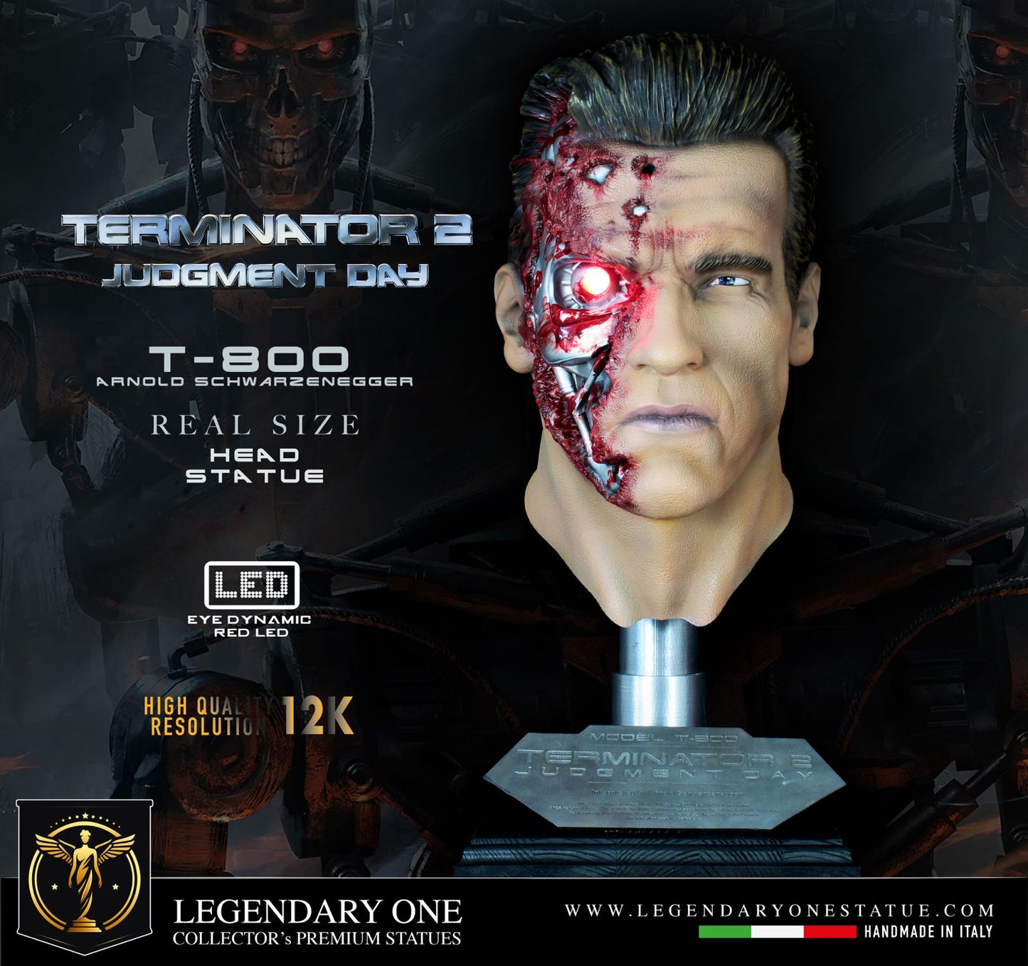 Statua del Terminator, Busto T-800, Action figure di Arnold Schwarzenegger, massimo realismo con LED integrati, Endoskeleton 12k di 32 cm