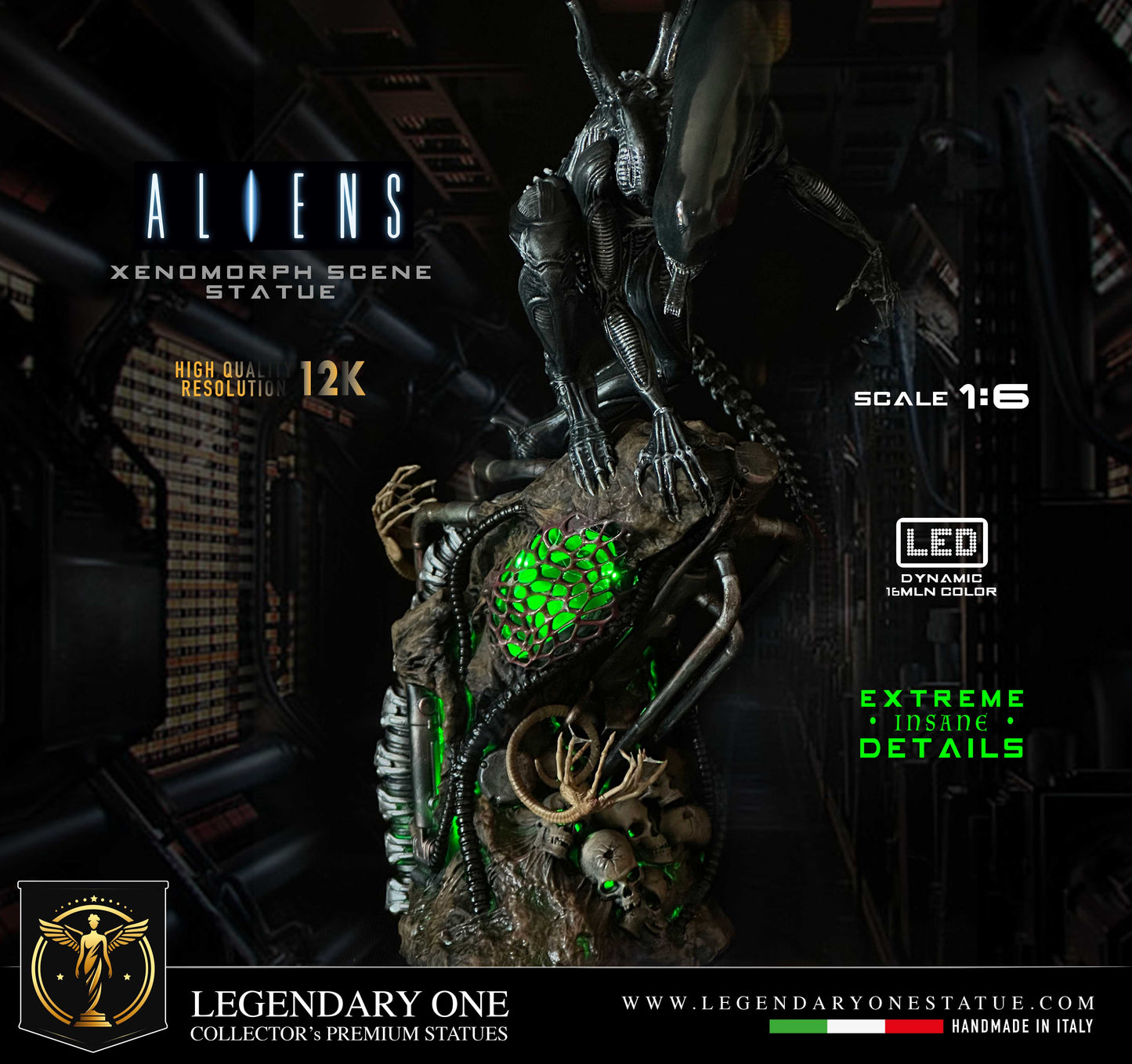 Alien Diorama, Xenomorph figure LTD con LED Dynamic e base completa Real Cinema Effect, alien diorama completo REALISM quality 12k figurines