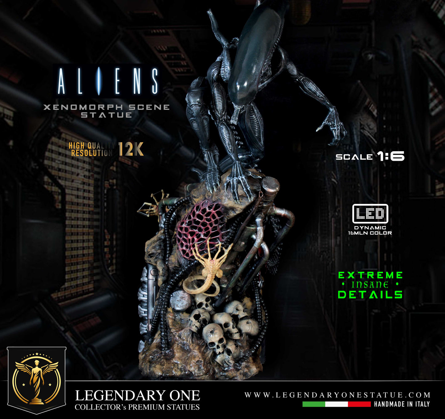 Alien Diorama, Xenomorph figure LTD con LED Dynamic e base completa Real Cinema Effect, alien diorama completo REALISM quality 12k figurines