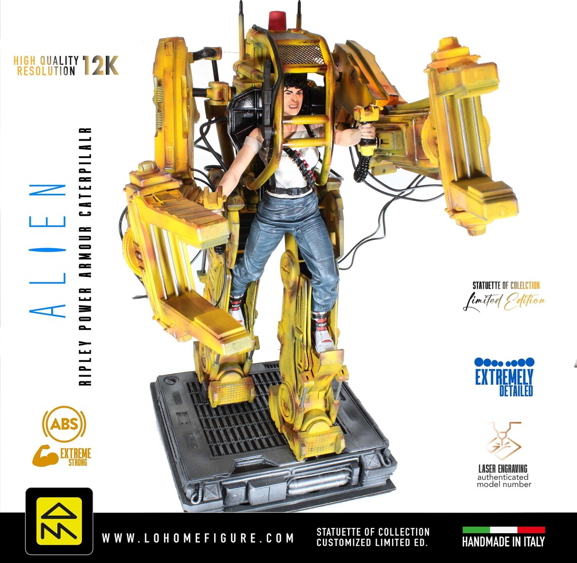 Ripley Power Loader statua, Alien statua di Ripley Real Cinema Color, Caterpillar Alien Power Loader con cavi veri 12K Made in Ita