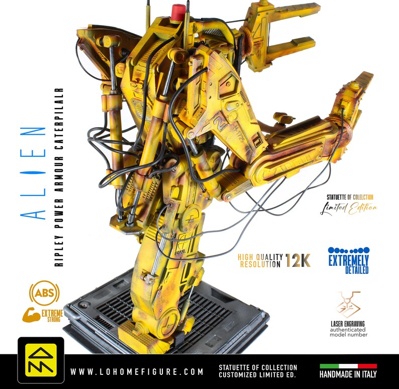 Ripley Power Loader statua, Alien statua di Ripley Real Cinema Color, Caterpillar Alien Power Loader con cavi veri 12K Made in Ita