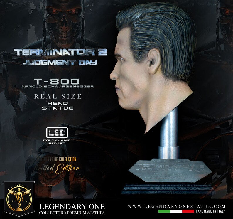 Terminator Statue, T-800 Bust, Arnold Schwarzenegger Action Figure, Maximum Realism with Integrated LEDs, 32cm 8k Endoskeleton