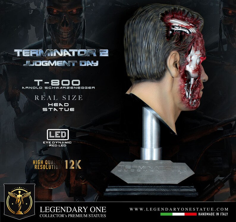 Terminator Statue, T-800 Bust, Arnold Schwarzenegger Action Figure, Maximum Realism with Integrated LEDs, 32cm 8k Endoskeleton