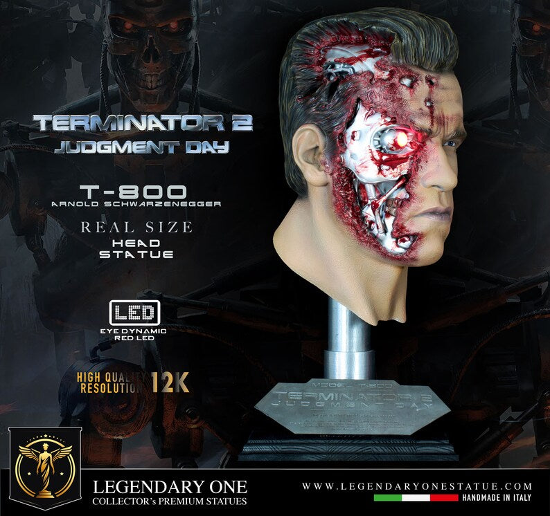 Terminator Statue, T-800 Bust, Arnold Schwarzenegger Action Figure, Maximum Realism with Integrated LEDs, 32cm 8k Endoskeleton