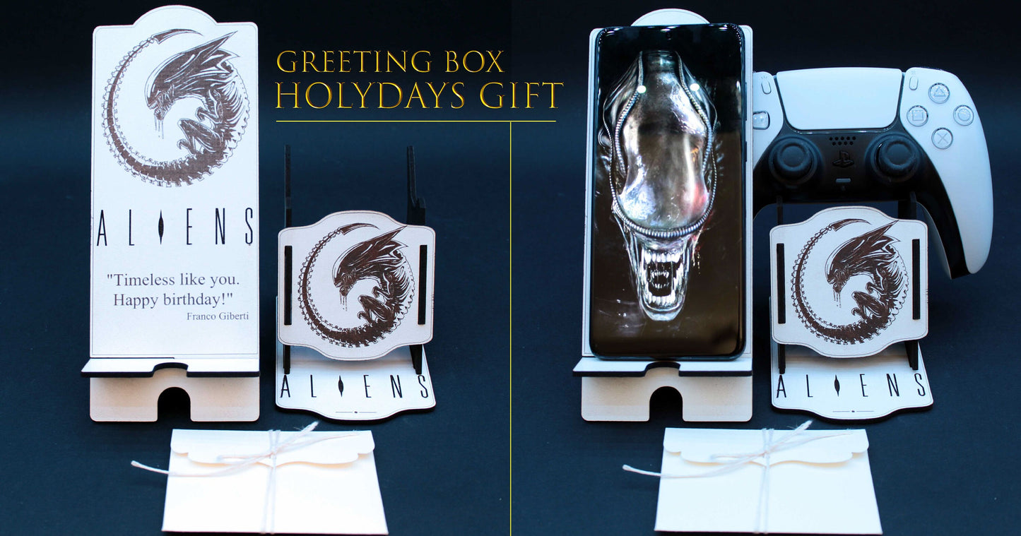 Gift Box Alien Xenomorph to give: PS5 controller holder + smartphone holder + greeting card, ideal as a gift